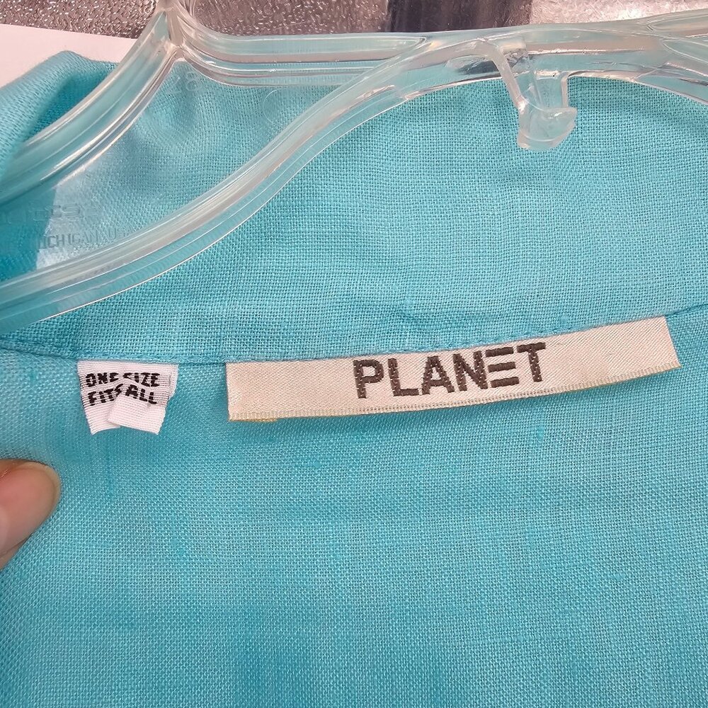 Planet By Lauren G Linen Button Up‎ Shirt OS Turquoise Relaxed Coastal Lagenlook - Picture 4 of 10
